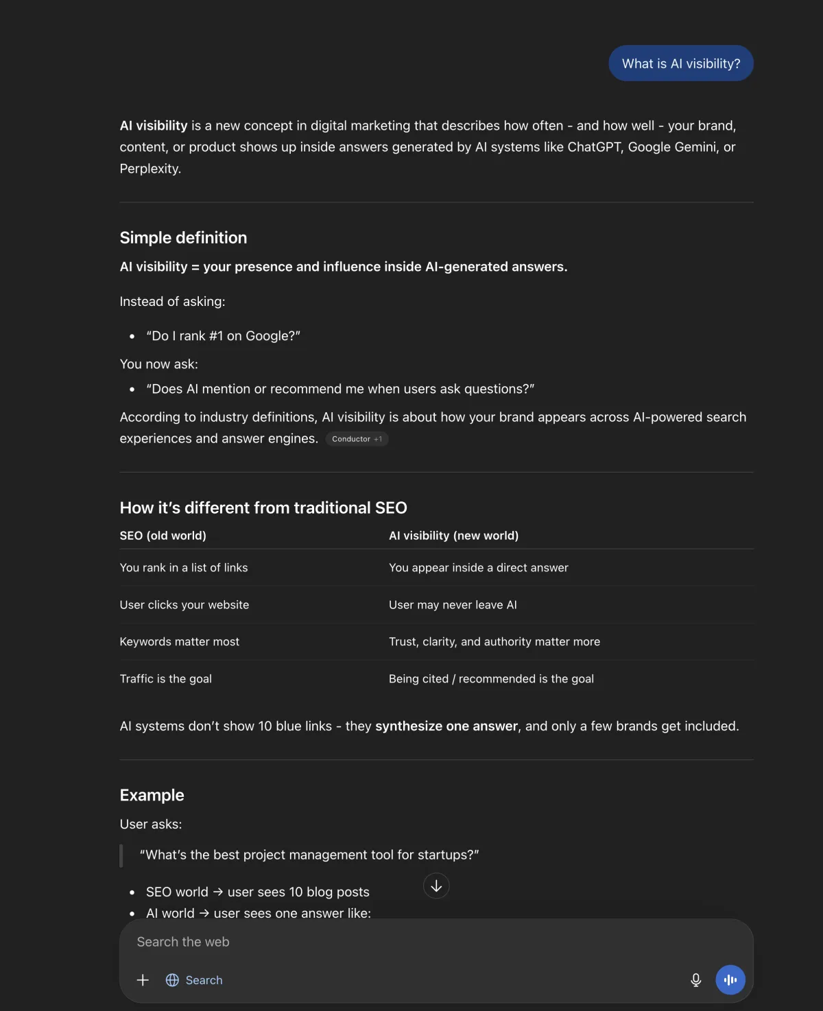 ChatGPT answering 'What is AI visibility?' with a detailed response comparing SEO and AI visibility