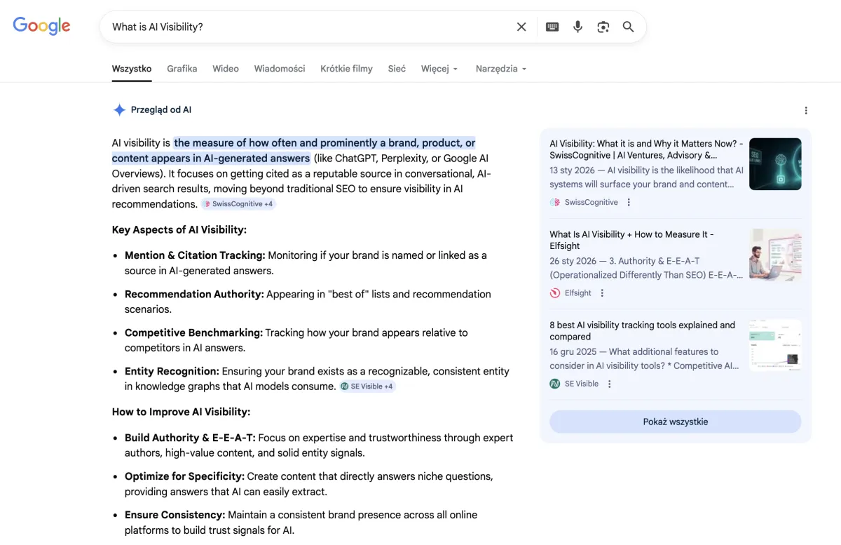 Google AI Overview for 'What is AI Visibility?' showing an AI-generated summary at the top of search results
